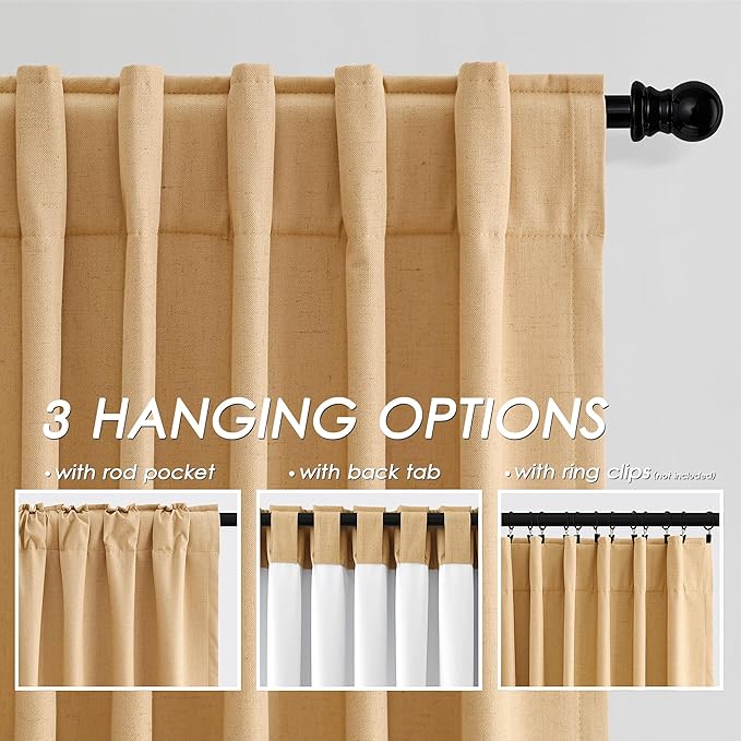 Blackout Camel Linen Curtains 96 Inches Long Back Tab Heat Reflective Full Light Block Out Curtain 2 Panels for Bedroom Window Textured Long Draperies with Liner Floor to Ceiling Length 52x96