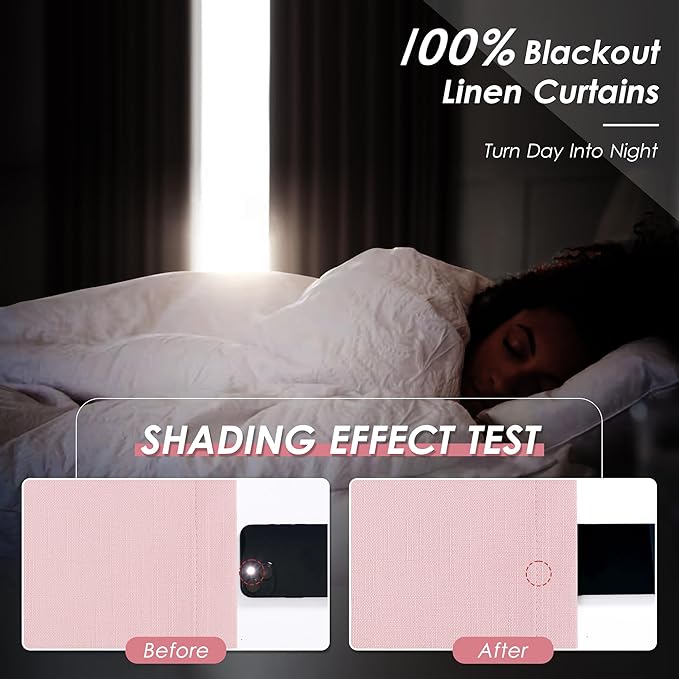 Blackout Pink Linen Curtains 96 Inches Long Back Tab Heat Reflective Full Light Block Out Curtain 2 Panels for Bedroom Window Textured Long Draperies with Liner Floor to Ceiling Length 52x96