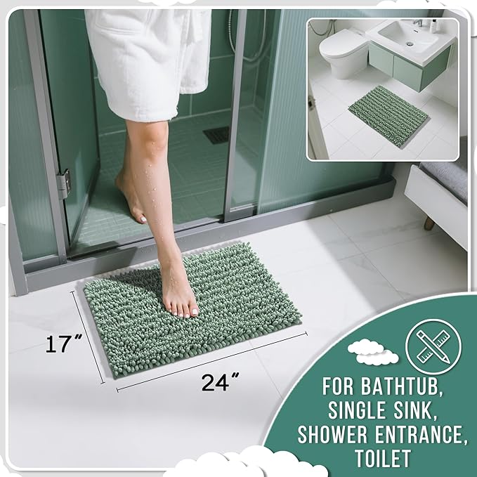 Yimobra Bathroom Rugs Non Slip Washable 24x17 Inch - Ultra Soft Absorbent Chenille Bath Mat, Quick Dry Shaggy Floor Carpet for Tub Shower, Green Home Decor Accessories