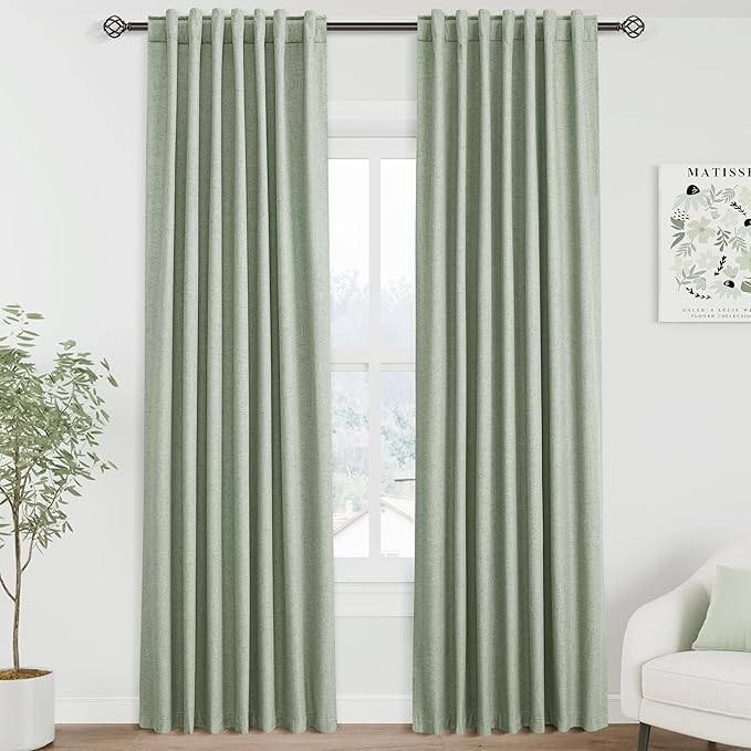 Nanspring Light Sage Linen Blackout Curtains 84 Inches for Bedroom Modern Farmhouse Living Room Draperies Cream Colored Thermal Insulated Full Shading Curtains for Sliding Door 52x84