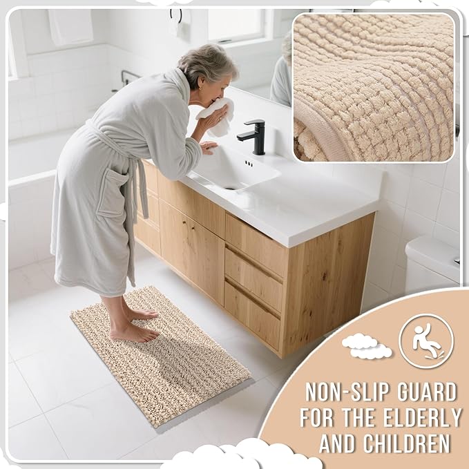 Yimobra Long Bathroom Rugs Non Slip Washable 44x24 Inch - Ultra Soft Absorbent Chenille Bath Mat, Quick Dry Shaggy Floor Carpet for Tub Shower, Light Brown Home Decor Accessories