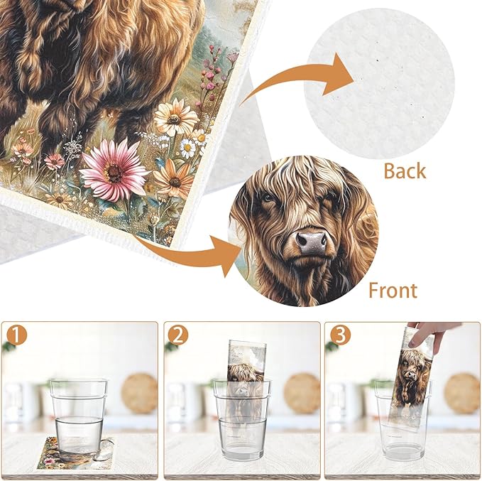 Highland Cow Swedish Dishcloths for Kitchen 6PCS Floral Highland Cow Swedish Cloths for Washing Dishes Reusable Flower Animals Themed Washable Cotton Kitchen Towels for Home Supplies