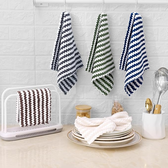 Homaxy 18 Pack Kitchen Dish Cloths, Ultra Soft and Absorbent Dish Towels, Reusable Fast Drying Microfiber Cleaning Cloth, Coral Velvet Wave Design No-lint, 10 x 10 inches, Navy Blue