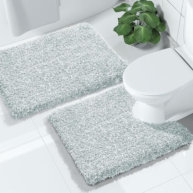 Yimobra Bathroom Rugs Sets 2 Piece, Soft Absorbent Bath Mat and U-Shaped Toilet Rug with Non Slip Backing, Machine Washable, Plush Bath Mats for Bathroom, 24"x17"+24"x20", Sky Light Blue & White