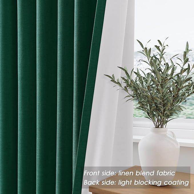 Nanspring 100% Blackout Curtains 2 Panels Set Back Tab Dark Green Window Curtains 102 Inches Long Full Black Out Cotton Textured Linen Curtains Thermal Insulated for Living Room 52x102