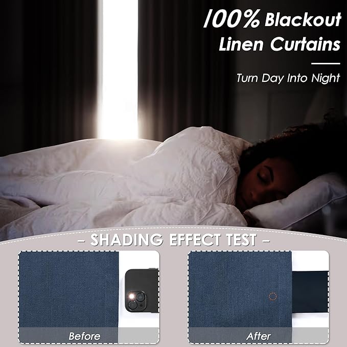 Vintage Blue Linen Blackout Curtains 120 Inch Length 2 Panels Set Burg Extra Long 10 Ft Back Tab Pocket Drapes Cotton Textured Total Sun Blocking Curtains for Living Room Cottage High Window 52x120