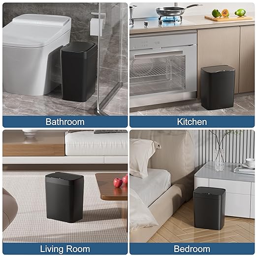 2 Pack 2.7 Gal Bathroom Trash Can with Lid, Automatic Trash Can Small Smart Garbage Can Touchless, Slim Motion Sensor Waterproof Plastic Trash Bins for Bedroom Office Kitchen Toilet Black