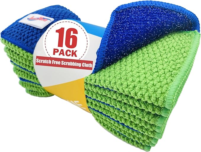 16 Pack Microfiber Scrub Dish Cleaning Cloth, Non-Scratch, Reusable & Durable for Pan Pot Dish Cooktop Stovetop Counter Kitchen Household, Machine Washable, 6 x 6 Inch, Blue & Green Assorted