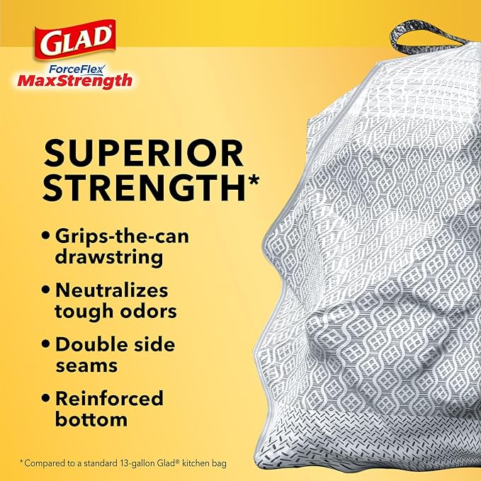Glad ForceFlex MaxStrength with Clorox Tall Kitchen Trash Bags, 13 Gal, 34 Ct (Package May Vary)