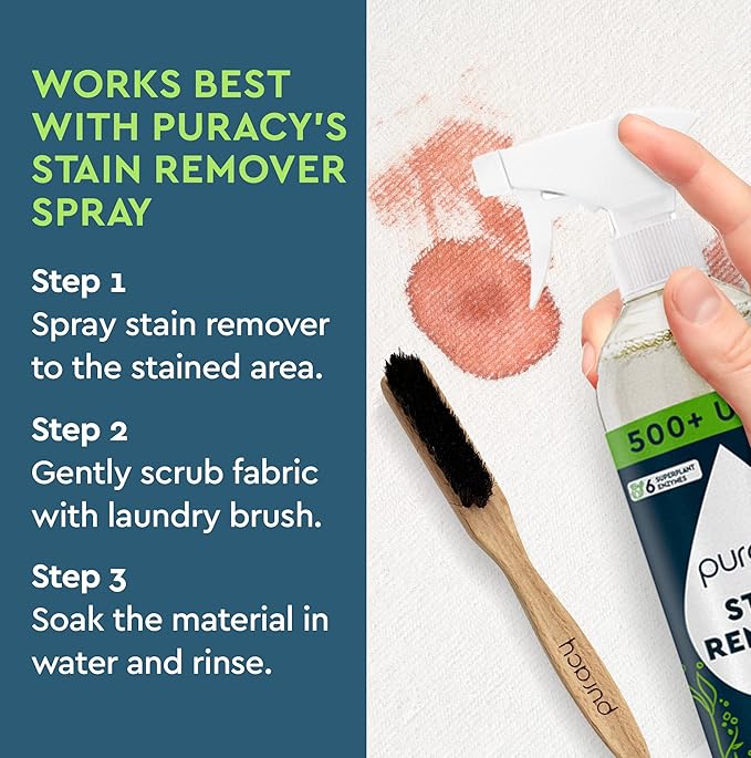 Puracy Laundry Stain Remover Brush for Tough, Deep, and Aged Clothing Stains, with Vegan Bristles for Safe and Effective Stain and Odor Elimination
