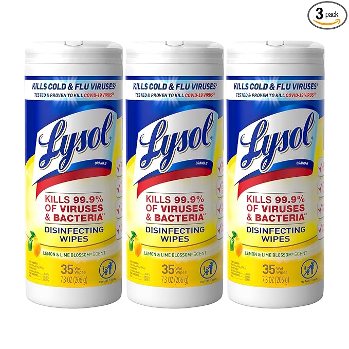Lysol Disinfectant Wipes, Multi-Surface Antibacterial Cleaning Wipes, Dorm Room Essentials For Disinfecting and Cleaning, Lemon and Lime Blossom, 35 Count (Pack of 3)