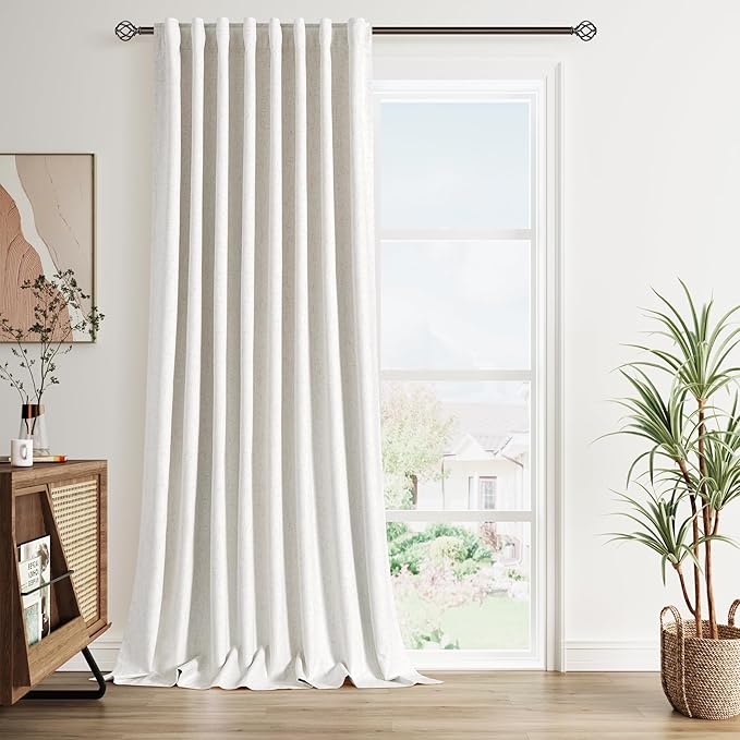 100% Blackout Linen Curtains 90 inch Length 1 Panel for Living Room Loop Pocket Pinch Pleated Black Out Drapes Cream Colored Heat Reducing Total Blackout Window Curtains for Bedroom 60x90