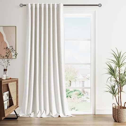 Nanspring Ivory Linen Blackout Curtains 96 Inches Long 1 Panel Set for Living Room Back Tab Pinch Pleated Blackout Curtain Drapes Boho Farmhouse Neutral Cream Bedroom Black Out Curtain 60x96