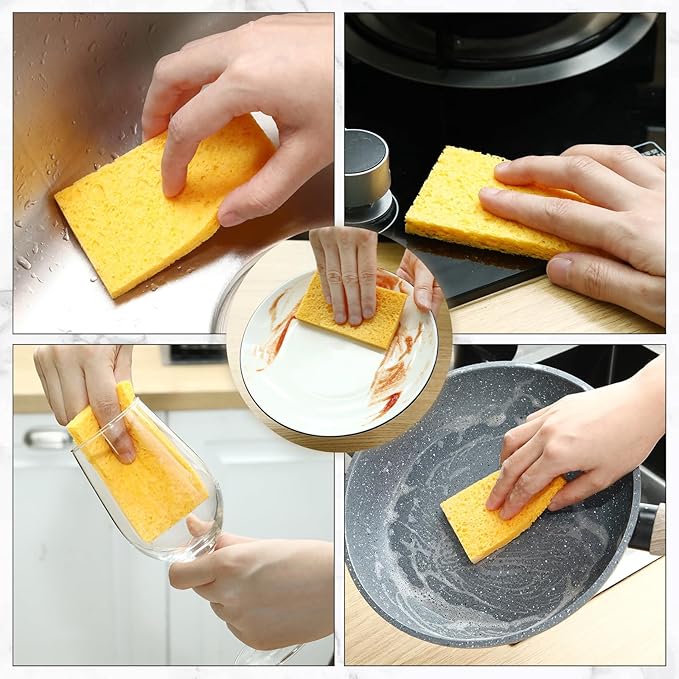 Zhengmy 100 Pieces Kitchen Sponge Bulk Natural Sponges for Dishes Compressed Wood Pulp Sponges Cleaning Sponge Without Scratching for Kitchen Bathroom, 3.9 x 2.4 x 0.12 Inch (Yellow)