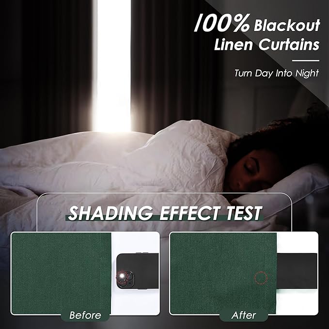 Blackout Green Linen Curtains 96 Inches Long Back Tab Heat Reflective Full Light Block Out Curtains 2 Panels for Bedroom Windows Textured Long Draperies with Liner Floor to Ceiling Length 8Ft 52x96