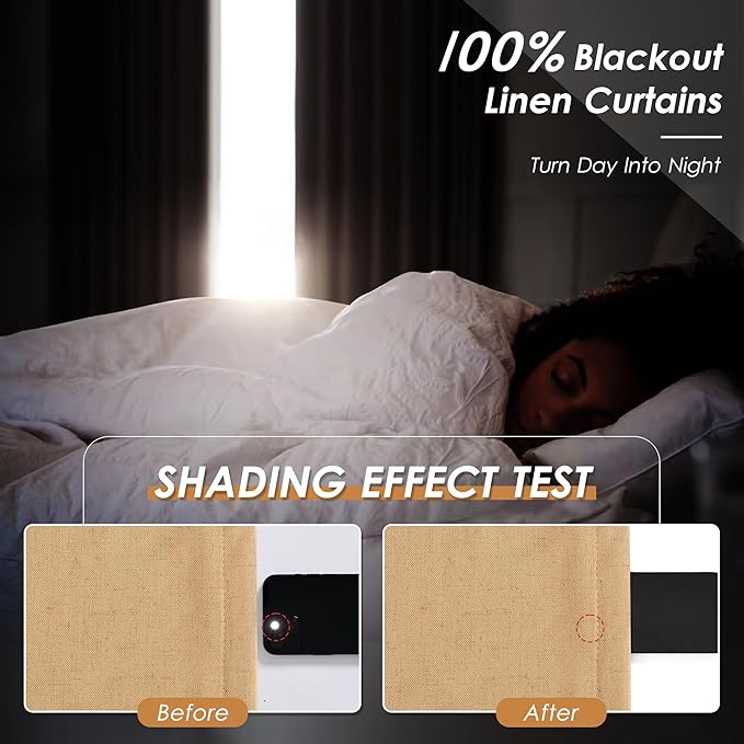 Blackout Camel Linen Curtains 96 Inches Long Back Tab Heat Reflective Full Light Block Out Curtain 2 Panels for Bedroom Window Textured Long Draperies with Liner Floor to Ceiling Length 52x96