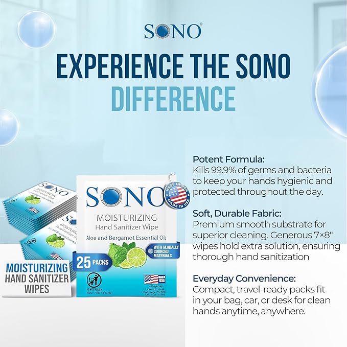 SONO Bergamot & Aloe Moisturizing Hand Sanitizer Wipes - TSA-Approved Travel Size Individual Packs for On-the-Go Hygiene & Cleansing - Alcohol-Free Antibacterial for Hands & Surfaces