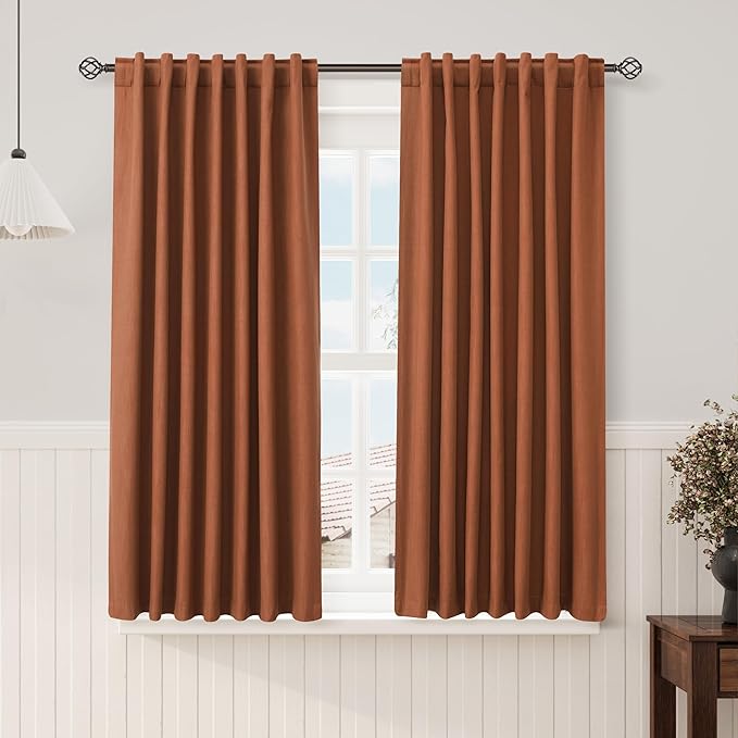 Nanspring Terracotta Linen 100% Blackout Curtains 63 inches Long Back Tab Rod Pocket Drapes Thermal Insulated Textured Short Black Out Curtains 2 Panels Set 52x63