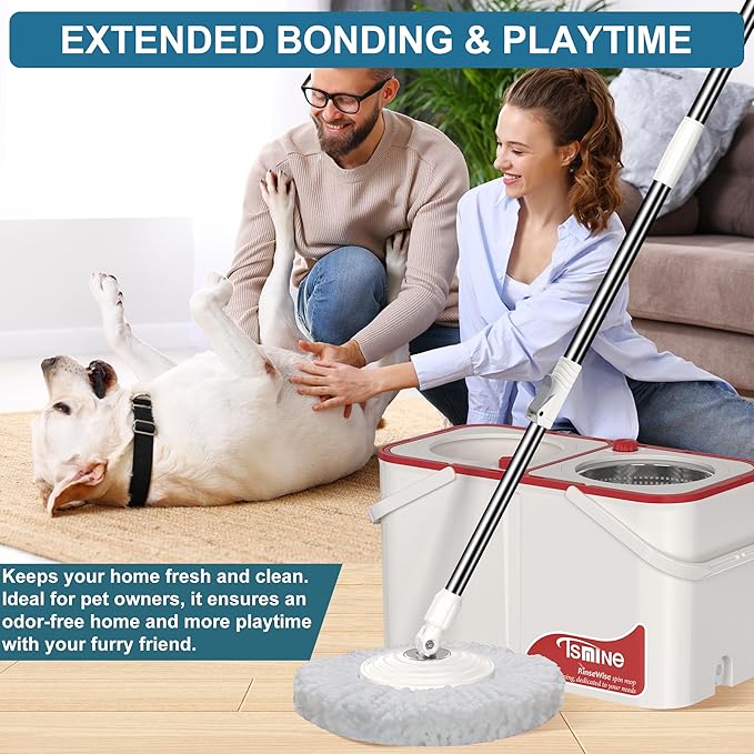 Spin Mop and Bucket,Mop Bucket with Separates Dirty and Clean Water,4-Chamber Mop and Bucket with Wringer Set for Home,Household Cleaning Tools with 6 Replacement Mop Heads,4X Wheel -White
