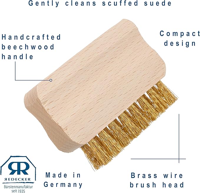 Redecker Suede Shoe Brush with Brass Bristles and Untreated Beechwood Handle, 2-3/4