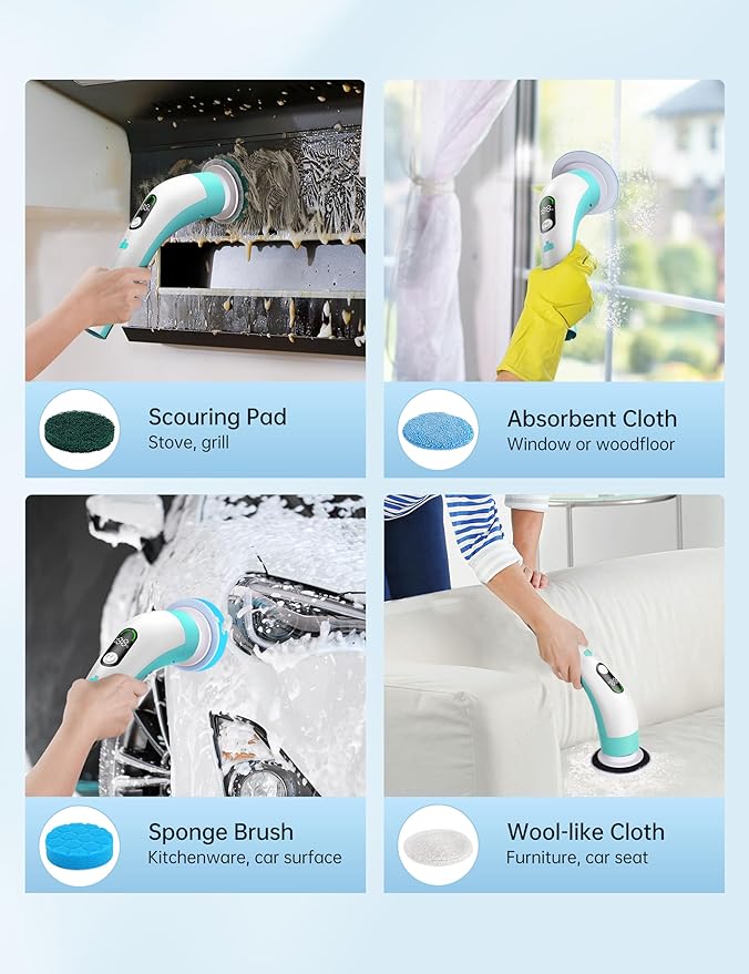 Electric Spin Scrubber with LED Display, IPX7 Waterproof Powerful Shower Scrubber, 2H Runtime, 2 Speeds, Adjustable Handle, 8 Brush Heads for Bathtub Tile Car-Green and White