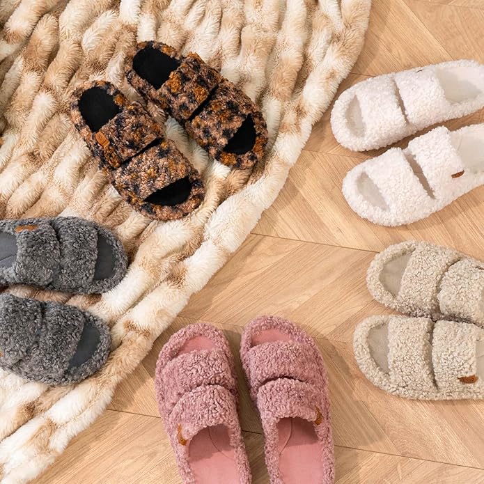EverFoams Womens Fuzzy Open-toe Slippers Soft Comfy Memory Foam Indoor House Shoes
