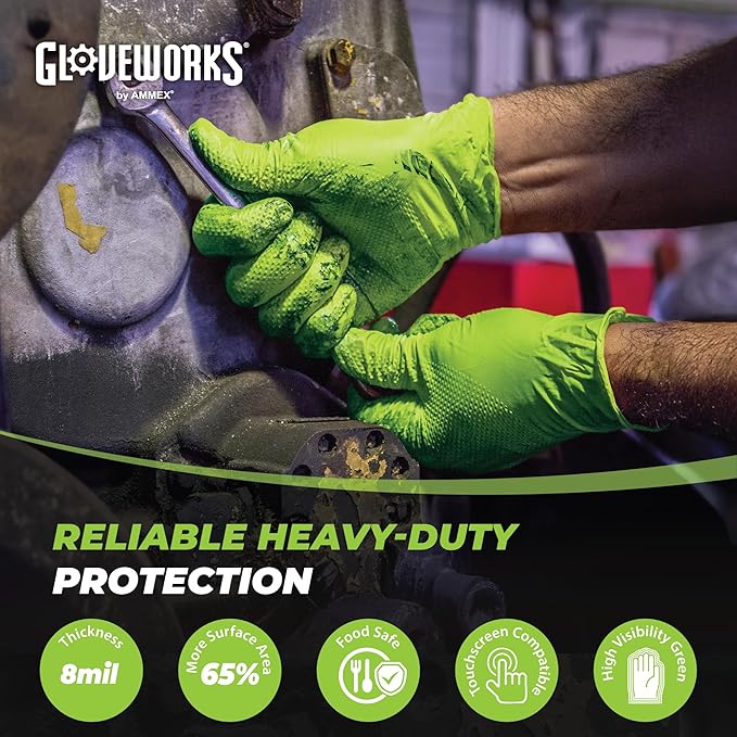 GLOVEWORKS HD Green Nitrile Gloves, 8 mil Nitrile Gloves Medium-XXL Sizes, Nitrile Disposable Gloves with Raised Diamond Grip