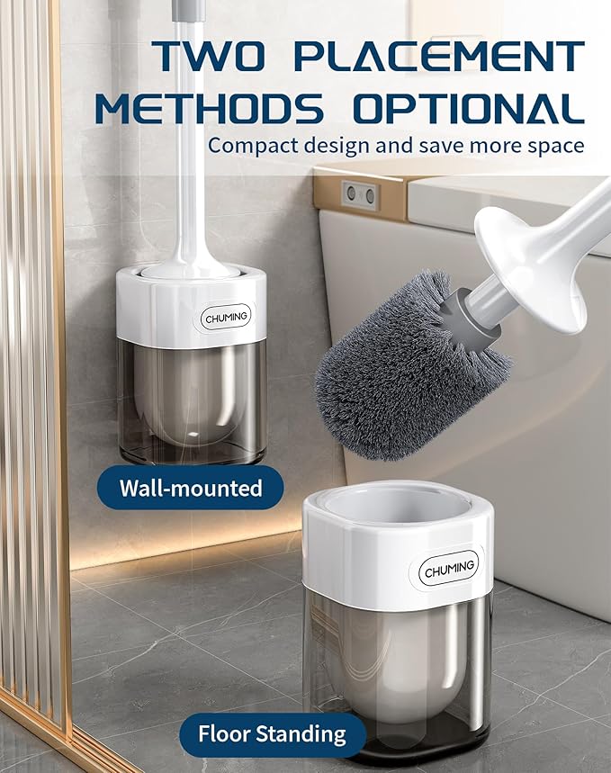 Toilet Brush and Holder Set, 2 Pack Wall-Mounted and Free-Standing Dual Use Toilet Scrubber with Half-Round Design, High-Density Bristle Head, Plastic Toilet Bowl Brush Cleaner for Bathroom (Square)