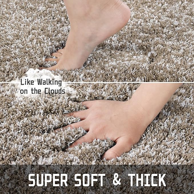 Yimobra Bathroom Rug Set 2 Piece, Soft Absorbent Microfiber Bath Mat Set, Non Slip Machine Washable Dry, Plush Shaggy Shower Rugs for Bathroom Floor, 32"x20"+24"x17", Light Brown and White