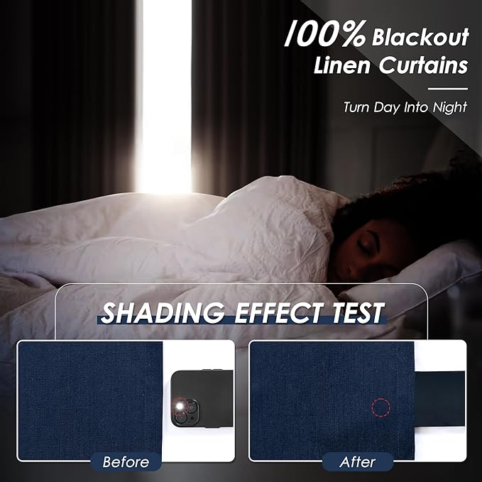 100% Blackout Linen Curtains 105 Inches Long 2 Panels for Bedroom Back Tab Pinch Pleated Black Out Curtains Modern Noise Cancelling Total Light Blocking Window Curtain 105 Inch Length Navy Blue