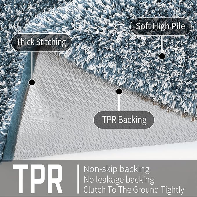 Yimobra Bathroom Rug Set 2 Piece, Soft Absorbent Microfiber Bath Mat Set, Non Slip Machine Washable Dry, Plush Shaggy Shower Rugs for Bathroom Floor, 32"x20"+24"x17", Denim Blue and White