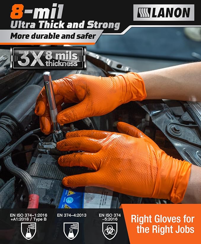 LANON 8mil Orange Disposable Nitrile Gloves, Mechanic, Heavy Duty, Food Safe, Latex Free, Powder Free, Fully-Diamond Textured, XXL