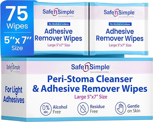 Safe n’ Simple Adhesive Remover for Skin - 75 Individually Wrapped 5"x7" Sting Free Alcohol Free Medical Adhesive Remover Wipes - Gentle Stoma & Ostomy Adhesive Removal Pads for Sensitive Skin