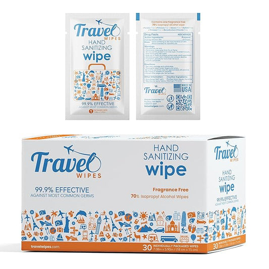 Hand Sanitizing Travel Wipes – 30ct Individually Wrapped | Fragrance-Free, Moisturizing, 70% Isopropyl Alcohol Wipes | Travel, Home, Office, Daily Use | Made in USA