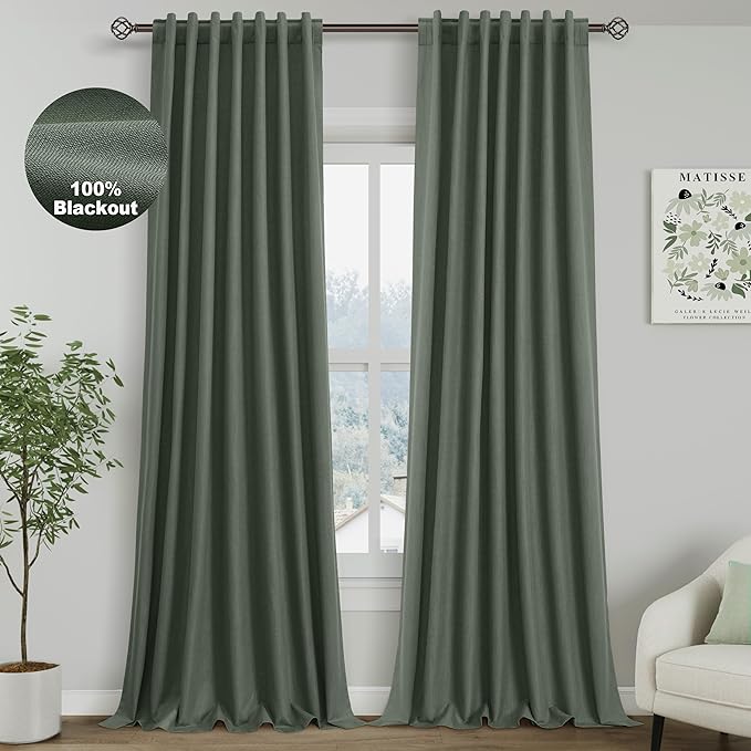 Olive Green Linen 100% Black Out Curtains 108 Inches Long 2 Panels Set for Bedroom Boho Farmhouse Back Tab Thermal Insulated Energy Efficient Curtains Living Room High Ceiling Length 9 FT 52x108
