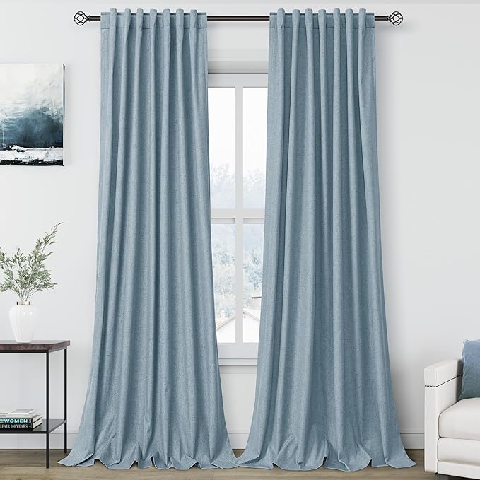 Blue Linen 100% Black Out Curtains 108 Inches Long 2 Panels Set for Bedroom Boho Farmhouse Back Tab Thermal Insulated Energy Efficient Room Darkening Curtains Living Room High Ceiling Length 9 FT