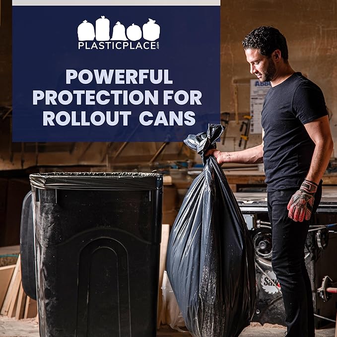 Plasticplace 95-96 Gallon Heavy Duty Black Trash Bags - Contractor Grade, Extra Large Garbage Bags for Construction & Outdoor Trash Cans, 1.2 Mil Thick, 61” x 68” (15 Count Roll)