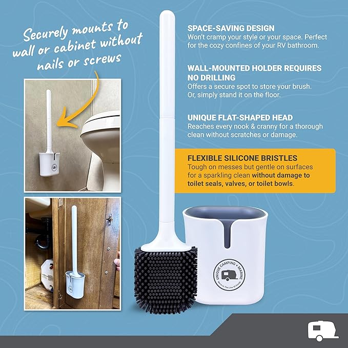 Unique Compact Silicone RV Toilet Bowl Brush with Wall-Mounted No-Drip Holder