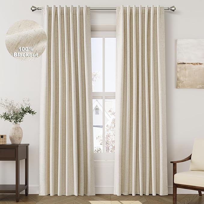 Tan Beige Linen Blackout Curtains 80 Inches Long for Bedroom Back Tab Burlap Flax Linen Drapes Blackout Rustic Farmhouse Full Light Blocking Winter Thermal Insulated Curtain 80 Inch Length 2 Panels