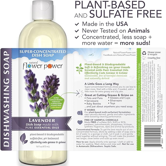 Natural Flower Power Liquid Dish Soap – Variety Pack – Citrus & Spice, Lemongrass, & Lavender – Plant-Based & Scented w/ Pure Essential Oils – Sulfate-Free Kitchen Soap – Vegan (16 Fl Oz 3 Pack)