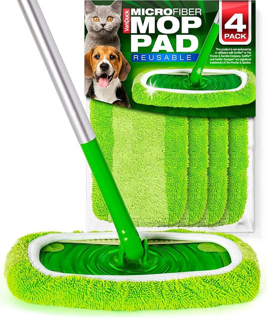 VanDuck Reusable Mop Pads Compatible with Swiffer Sweeper (4-Pack) - Washable Microfiber Mop Pads for Wet & Dry Use - All Purpose Floor Mopping and Cleaning Product
