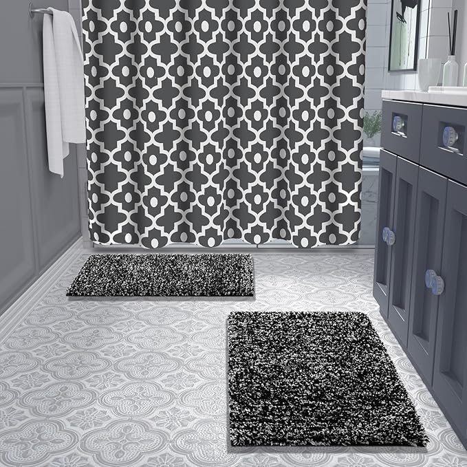 Yimobra Bathroom Rug Set 2 Piece, Soft Absorbent Microfiber Bath Mat Set, Non Slip Machine Washable Dry, Plush Shaggy Shower Rugs for Bathroom Floor, 32"x20"+24"x17", Black and White