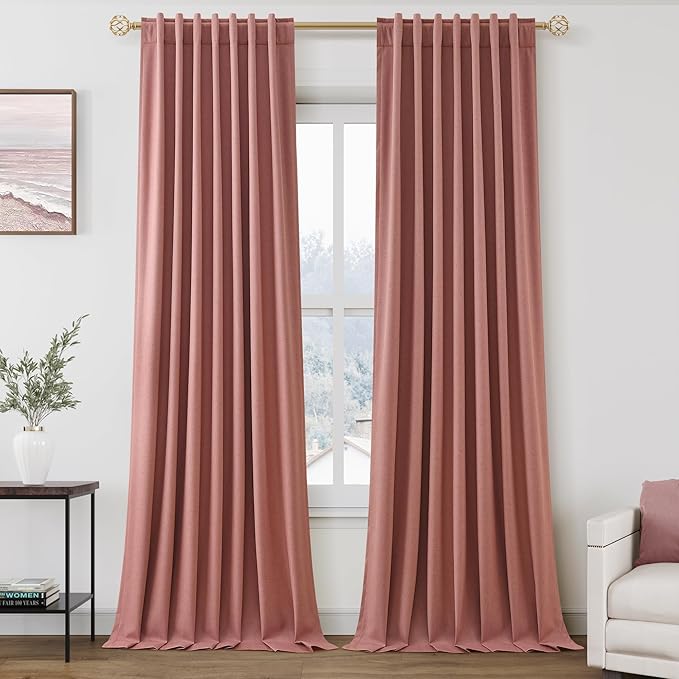Canyon Rose Linen Blackout Curtains 120 Inch Length 2 Panels Set Extra Long Thermal Insulated Total Blocking Curtains 10 FT Back Tab Pocket Drapes for Dining Room Cottage High Window Curtain 52x120