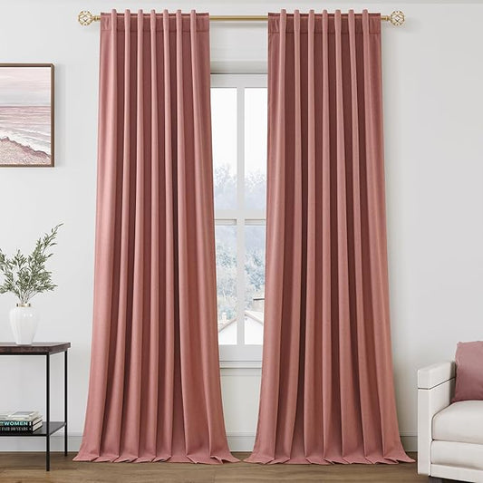 Canyon Rose Linen Blackout Curtains 120 Inch Length 2 Panels Set Extra Long Thermal Insulated Total Blocking Curtains 10 FT Back Tab Pocket Drapes for Dining Room Cottage High Window Curtain 52x120