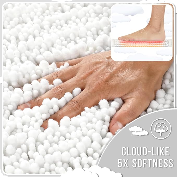 Yimobra Bathroom Rugs Non Slip Washable 32x20 Inch - Ultra Soft Absorbent Chenille Bath Mat, Quick Dry Shaggy Floor Carpet for Tub Shower, White Home Decor Accessories