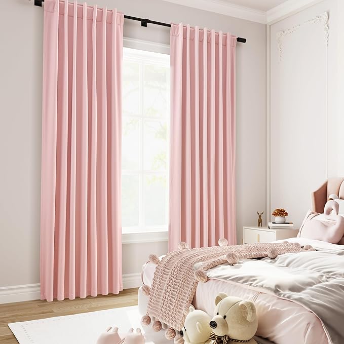 Blackout Pink Linen Curtains 96 Inches Long Back Tab Heat Reflective Full Light Block Out Curtain 2 Panels for Bedroom Window Textured Long Draperies with Liner Floor to Ceiling Length 52x96