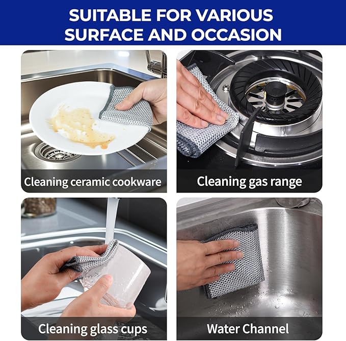 12PCS Non-Scratch Multipurpose Steel Wire Dishcloths - Reusable Quick-Dry Odor-Free Scrub Cloths for Dishes, Kitchen Cleaning Cloths for Cookware, Sinks, Stove Tops(9.84X9.84)