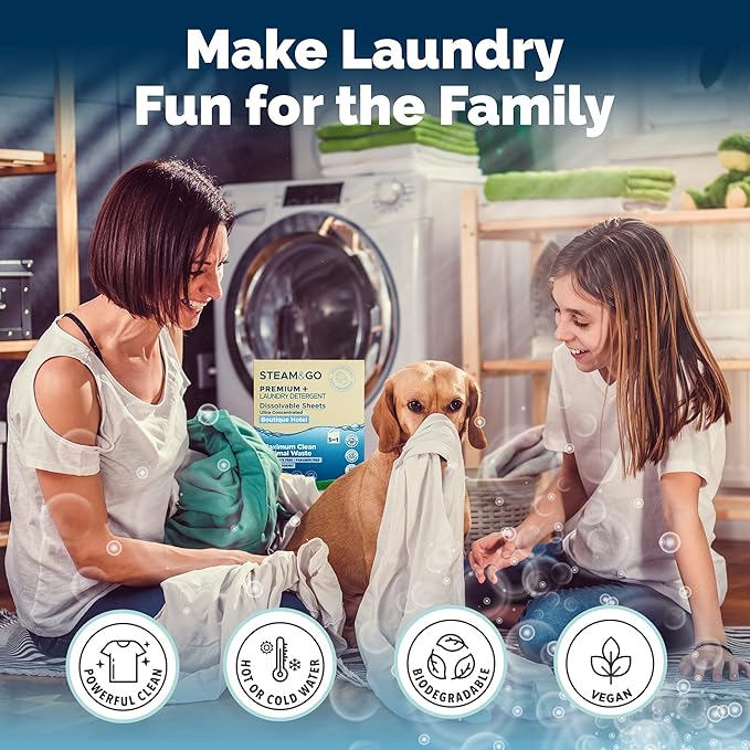 Steam and Go Premium+ Laundry Detergent Sheets – 5in1 Dissolvable Sheets with Enzymatic Cleaning, Antibacterial Action, Color Protection, Fresh Fragrance & Purifying – Boutique Hotel Scent, 30 Ct