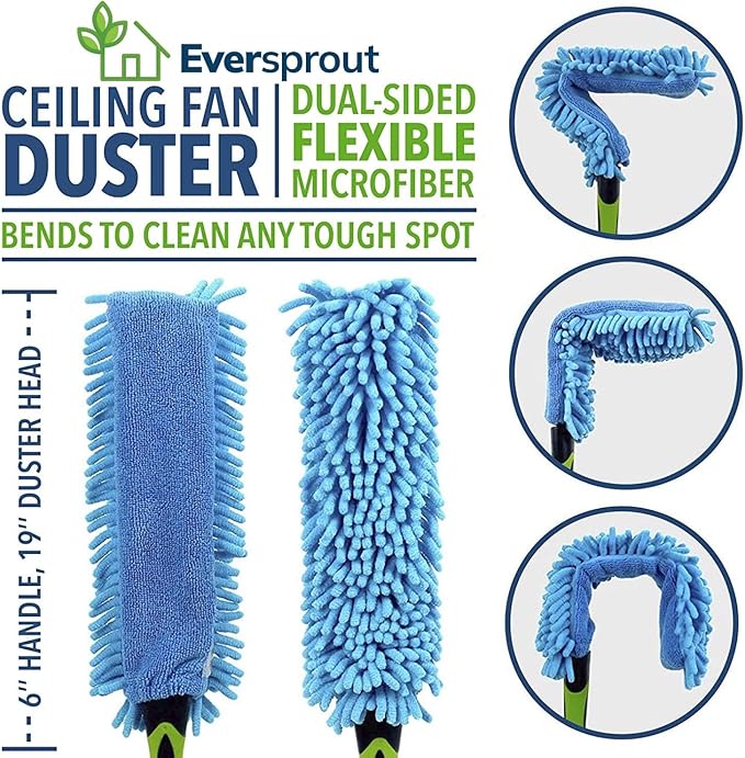 EVERSPROUT 1.5-to-3 Ft Duster 3-Pack with Extension-Pole (8-10 Ft Standing Reach) | Hand-Packaged Cobweb Duster, Microfiber Feather Duster, Flexible Microfiber for Ceiling & Fan | Telescopic Pole