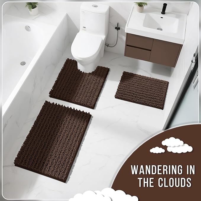 Yimobra Bathroom Rugs Non Slip Washable 24x17 Inch - Ultra Soft Absorbent Chenille Bath Mat, Quick Dry Shaggy Floor Carpet for Tub Shower, Brown Home Decor Accessories